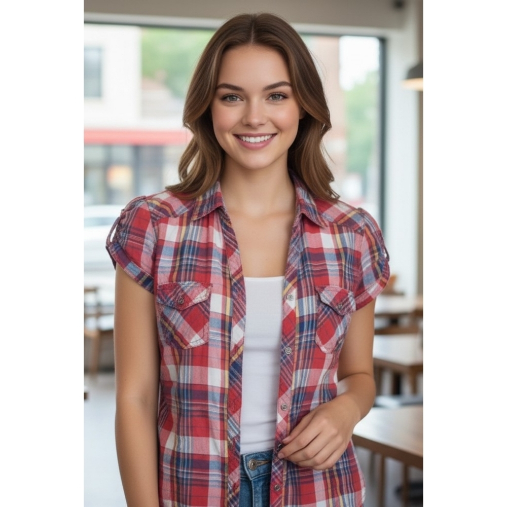 Maurices Plaid Vneck Short Sleeve Top Red Size L